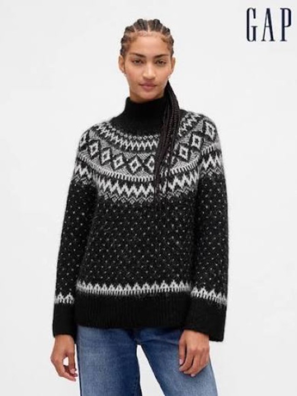 NWT! Soft, Fuzzy Mohair GAP Black and White Fair Isle Turtleneck Sweater Sz. M T
